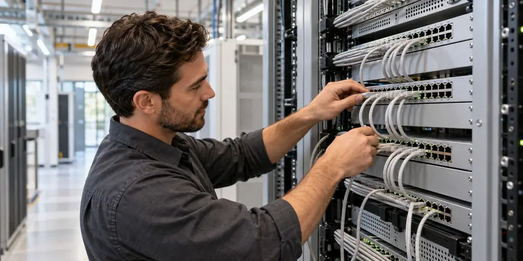 Técnico organizando el cableado de un gabinete de red (imagen ilustrativa)