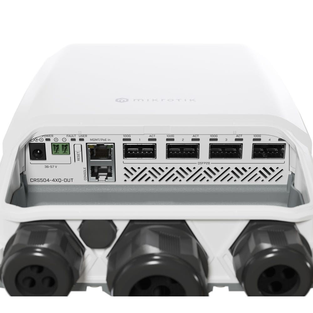Switch MikroTik CRS504-4XQ-OUT para exterior, 4 puertos QSFP28 100G, IP66