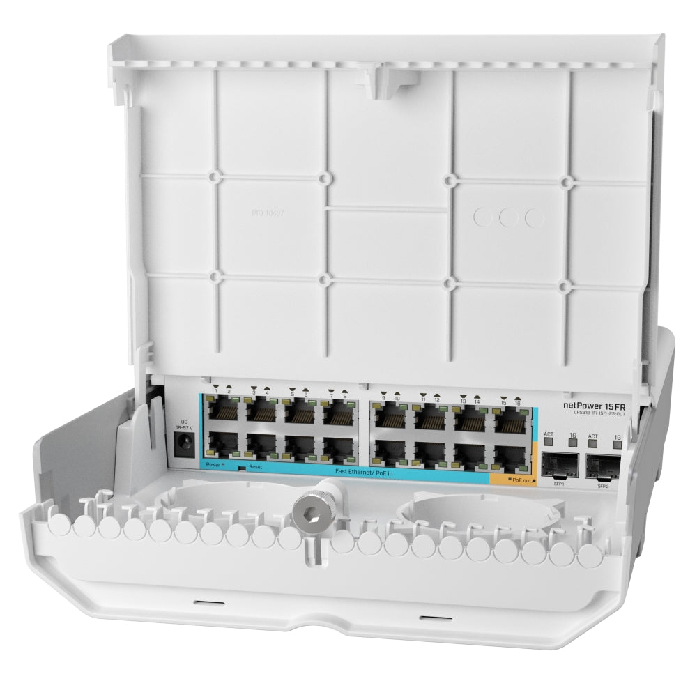 Switch MikroTik CRS318-1FI-15FR-2S-OUT netPower 15FR exterior con PoE inverso