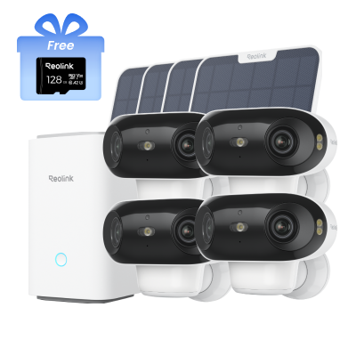 Kit Reolink Home Hub con 4× Argus 4 Pro (blanco) + panel solar 2 (6W, blanco) + tarjeta microSD de 1