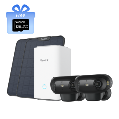 Kit Reolink Home Hub con 2× Argus 4 Pro (negro) + panel solar 2 (6W, negro) + tarjeta microSD de 128