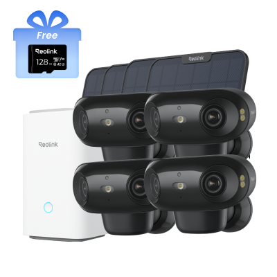 Kit Reolink Home Hub con 4× Argus 4 Pro (negro) + panel solar 2 (6W, negro) + tarjeta microSD de 128