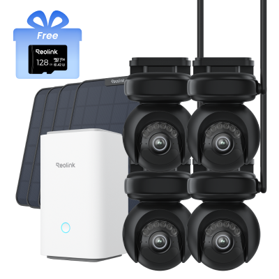 Kit Reolink Home Hub con 4× Altas PT Ultra (negro) + 4× panel solar 2 (6W, negro) + tarjeta microSD
