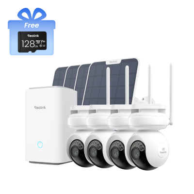 Kit Reolink Home Hub con 4× Altas PT Ultra (blanco) + 4× panel solar 2 (6W, blanco) + tarjeta microS