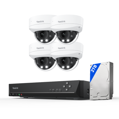 Kit Reolink RLK8-843V4 4 cámaras Dome IK10 4K zoom 5X + NVR 8 canales disco 2TB (sin cables)