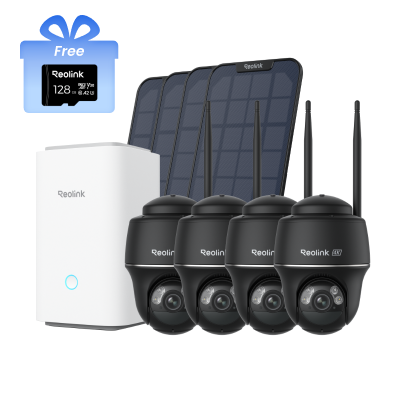 Kit Reolink Home Hub con 4× Argus PT Ultra (Wi-Fi 6, negro) + panel solar (3W, negro) + tarjeta micr