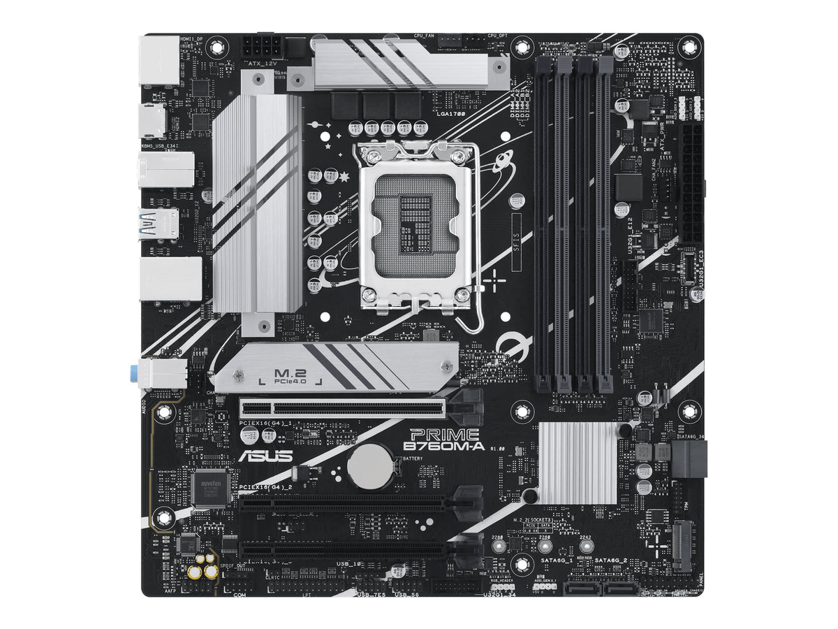 ASUS PRIME B760M-A - Placa base - micro ATX - Socket LGA1700 - B760 Chipset - USB 3.2 Gen 1, USB 3.2 Gen 2, USB-C 3.2 Gen 1 - 2.5 Gigabit LAN - Tarjeta gráfica (CPU necesaria) - HD Audio (8-canales)