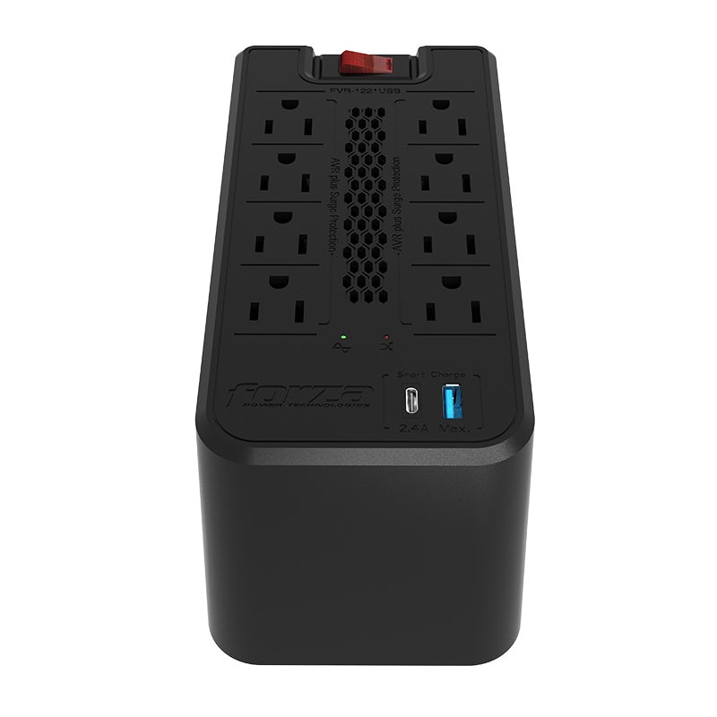 Forza - Automatic voltage regulator - AC 110 V - 8 Tomas de Corriente - 1200 VA - 600W NEMA 5-15 2-USB